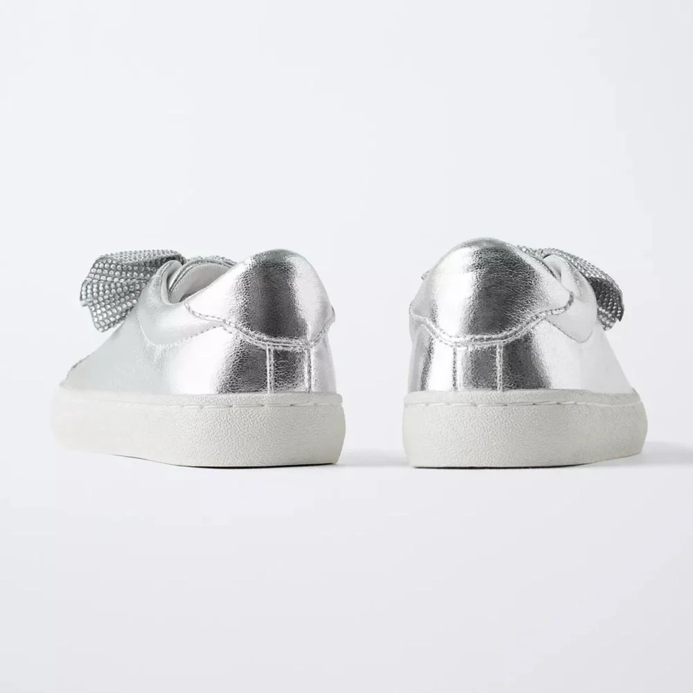 Zara Metallic Silver Kids Sneakers with Rhinestone Bow - Picture 4 of 4